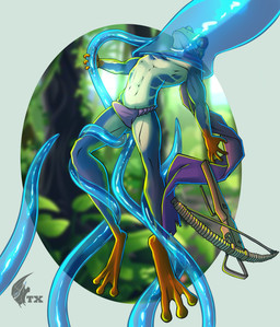 anthro asian_clothing bulge clothing crossbow east_asian_clothing fundoshi japanese_clothing male penetration ranged_weapon scarf sex solo tentacle_penetration tentacle_sex tentacle_vore tentacles transparent_tentacles underwear vore weapon neonyx amphibian frog tree_frog absurd_res hi_res