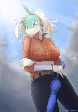 anthro arm_under_breasts belt big_breasts black_bottomwear black_clothing black_pants blonde_hair blue_eyes bottomwear bracelet breasts clothing cloud crossed_arms female hair jewelry light pants red_dress_shirt sky solo sun sunlight topwear umbrella tkc_thikeshi my_hero_academia ippan_josei quirked_human_(my_hero_academia) unknown_species 2023 absurd_res hi_res