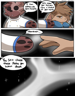 anthro blue_clothing blue_shirt blue_topwear brown_body brown_fur brown_hair button_(fastener) button_eyes clothing dialogue duo fur hair looking_down male pawpads paws plushie reaching reaching_out sad shirt spacesuit text topwear young spicykiwi alex_(spicykiwi) animate_inanimate bear domestic_cat felid feline felis hybrid lagomorph leporid living_plushie mammal rabbit absurd_res comic digital_media_(artwork) english_text hi_res story