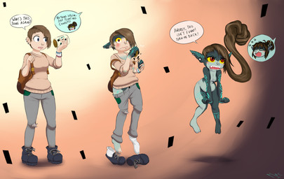 annoyed base_one_layout basic_sequence bottomwear breasts brown_hair clothing dialogue duo ear_piercing ear_ring facial_piercing female floating footwear hair human_to_humanoid linear_sequence nose_piercing nose_ring not_furry one_row_layout open_mouth pants piercing ring_piercing shirt shoes short_stackification shortstack shortstack_female shrinking size_transformation solo_focus species_transformation text tf_into_fictional_character three_frame_image three_frame_sequence topwear transformation transformation_sequence yellow_sclera mentalcrash human humanoid mammal twili 2020 absurd_res english_text hi_res sequence