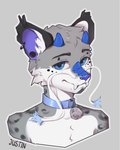 anthro bell bell_collar blue_eyes collar ear_piercing eyebrow_piercing facial_piercing horn male nose_piercing piercing smile solo welive mythology dragon felid mammal mythological_creature mythological_scalie pantherine scalie snow_leopard