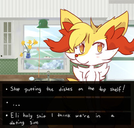 ambiguous_gender anthro appliance arm_tuft big_ears big_tail biped blush blush_lines cabinet cheek_tuft chest_tuft curled_tail dating_sim dialogue door elbow_tuft ellipsis exclamation_point eyelashes facial_tuft flower fluffy fluffy_tail fur gameplay_mechanics grass hands_together inner_ear_fluff inside kitchen kitchen_appliance kitchen_cabinet kitchen_counter kitchen_sink kitchen_stove lamp looking_at_viewer multicolored_body multicolored_fur multiple_choice name_in_dialogue nude orange_body orange_eyes orange_fur orange_nose paws plant plant_pot potted_plant profanity river shoulder_tuft sink smile soap solo standing stove tail text tuft user_interface visual_novel_interface wall_(structure) white_body white_fur window yellow_body yellow_flower yellow_fur fiddleafox nintendo pokemon eli_(fiddleafox) braixen generation_6_pokemon pokemon_(species) 2017 digital_drawing_(artwork) digital_media_(artwork) english_text male_(lore)