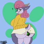 anthro bottomwear butt charging_phone clothing electricity electronics eyewear female glasses hair horn object_in_ass phone pink_hair purple_body rear_view skirt solo sweater topwear thixxen rivals_of_aether absa bovid caprine goat mammal 1:1 hi_res