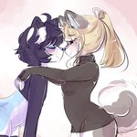 accessory ahoge anthro black_hair blonde_hair blue_body blue_fur bottomless breasts clothed clothing curled_tail duo eyes_closed female femboy fur grey_body grey_fur hair hair_accessory hair_ribbon leaning leaning_forward legwear long_hair male male/female multicolored_body multicolored_fur nuzzling ponytail ribbons short_hair simple_background tail thigh_highs two_tone_body two_tone_fur white_body white_fur anakoluth alina_(anakoluth) taeonyx canid canine canis domestic_dog fox husky mammal nordic_sled_dog spitz 1:1 hi_res