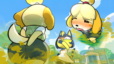 anthro blush bodily_fluids brown_fart_cloud butt covering_nose dipstick_tail disgust duo embarrassed fart fart_cloud fart_fetish female fur markings outside shaking striped_markings striped_tail stripes sweat tail tail_markings yellow_body yellow_fur oddtenn animal_crossing nintendo ankha_(animal_crossing) isabelle_(animal_crossing) canid canine canis domestic_cat domestic_dog felid feline felis mammal 2026 hi_res