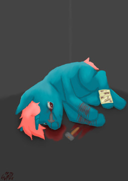 bandage bandaged_leg blood blood_on_fur blue_body blue_fur bodily_fluids brown_eyes dark_room death detailed_eyes female fur gore hair hammer lobotomy nosebleed orange_hair orange_tail scar self-harm self-harm_scars short_tail simple_background snuff solo tail tools sophiepossum hasbro my_little_pony fan_character woelee equid equine horse mammal pony absurd_res hi_res shaded