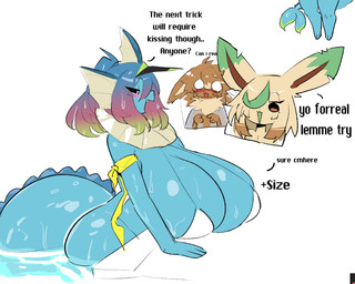 ambiguous_gender anthro arm_tie big_breasts big_butt bikini bikini_top bikini_top_only black_sclera blush bottomless breast_expansion breasts butt cleavage clothed clothing cute_fangs dialogue ear_frill expansion fangs female frill_(anatomy) glistening glistening_body glistening_breasts glistening_tail group hair hat headgear headwear huge_breasts kiss_request long_ears multicolored_hair neck_frill neck_tuft poolside shirt string_bikini swimwear teeth text topwear topwear_only trio tuft two-piece_swimsuit visor_cap water wet wet_body wet_clothing wet_hair wet_shirt wet_tail wet_topwear wide_hips shiyaa_stuff nintendo pokemon velena_(shiyaa_stuff) eevee eeveelution generation_1_pokemon generation_4_pokemon leafeon pokemon_(species) vaporeon 5:4 english_text