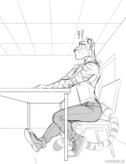 5_fingers against_desk against_furniture against_object against_surface anthro biped bottomwear chair chest_tuft clothed clothing desk exclamation_point fingers footwear fully_clothed furniture holding_own_arm inside male markings on_chair pants school shirt shoes side_view sitting sitting_on_chair solo striped_markings striped_tail stripes table tail tail_markings tank_top topwear tuft kihu felid mammal pantherine tiger 2019 greyscale monochrome