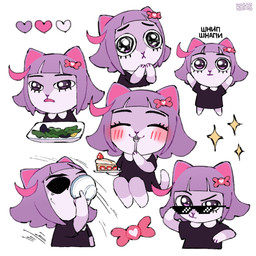accessory anthro begging black_clothing black_dress blush bow_(feature) bow_accessory bow_ribbon chibi clothed clothing container cup cutlery dessert dipstick_tail dress drinking eating emote eyewear female food fork fur gloves_(marking) hair hair_accessory hair_bow hair_ribbon heart_symbol kitchen_utensils leg_markings looking_at_viewer markings multicolored_body multicolored_fur pastry pie purple_body purple_eyes purple_fur purple_hair purple_tail ribbons salad simple_background sitting smile socks_(marking) solo sparkles star_(marking) sunglasses tail tail_markings tea_cup text tools white_body white_fur keits vkontakte masyunya_(vkontakte) domestic_cat felid feline felis mammal 1:1 2022 hi_res russian_text