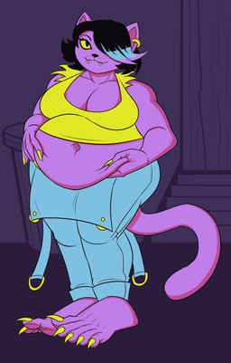 5_toes anthro barefoot belly belly_squish big_belly big_breasts big_feet biped black_hair blue_highlights breasts cleavage clothed clothing colored_nails crop_top deep_navel ear_piercing ear_ring exposed_belly eyelashes fangs feet female hair hair_over_eye highlights_(coloring) holding_belly long_nails long_toenails looking_at_viewer nails natural_breasts navel overalls overalls_down overweight overweight_anthro overweight_female pawpads piercing plantigrade plantigrade_pawpads purple_background purple_body ring_piercing shirt short_hair simple_background smile solo squish standing tail teeth toenails toes topwear trash_can yellow_nails yellow_sclera misstrashcat undertale_(series) catty_cattenheimer domestic_cat felid feline felis mammal 2023 absurd_res digital_drawing_(artwork) digital_media_(artwork) full-length_portrait hi_res portrait