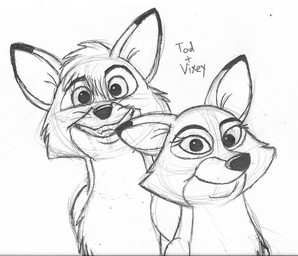 anniversary duo female feral looking_at_viewer male smile text jamesthedalmatian disney the_fox_and_the_hound tod_(tfath) vixey_(tfath) canid canine fox mammal red_fox true_fox bust_portrait graphite_(artwork) hi_res monochrome portrait sketch traditional_media_(artwork)