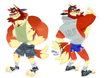 anthro athlete back_muscles backwards_baseball_cap backwards_cap backwards_hat barazoku baseball_cap beard big_muscles big_pecs blue_baseball_cap blue_bottomwear blue_clothing blue_footwear blue_hat blue_headwear blue_shoes blue_shorts blue_sneakers bottomwear claws clothing ear_piercing eyebrows facial_hair facial_piercing footwear fur green_clothing green_shirt green_tank_top green_topwear grey_baseball_cap grey_bottomwear grey_clothing grey_footwear grey_hat grey_headwear grey_hoodie grey_shoes grey_shorts grey_sneakers grey_topwear hair hat headgear headwear hoodie jock male manly multicolored_body multicolored_fur muscular muscular_anthro muscular_arms muscular_male muscular_thighs nipple_piercing nipples nose_piercing nose_ring orange_body orange_fur pecs piercing pose rear_view red_beard red_body red_facial_hair red_fur red_hair red_sideburns ring_piercing shirt shoes shorts sideburns simple_background sneakers solo standing tail tail_motion tailwag tank_top thick_arms thick_eyebrows thick_thighs topwear white_background yellow_body yellow_fur macholobo canid canine canis mammal wolf hi_res nonbinary_(lore)