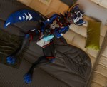 3d_(artwork) absurd_res angry_expression angry_eyes anthro bdsm bed big_penis bondage bound cuffs_(clothing) digital_media_(artwork) furniture genitals growling hi_res knot male muzzle_(object) muzzled penis rness solo teasing teasing_viewer zack_(character) zack_the_wolf