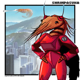antennae_(anatomy) anthro armor black_eyes bodysuit breasts brown_body building city city_background clothed clothing cutlery exoskeleton female fork futuristic_architecture hands_on_hips hands_on_own_hips happy humanoid_body humor kitchen_utensils long_neck long_tail medium_breasts modern_architecture mouthless plugsuit raised_arms red_bodysuit red_cloth red_clothing red_costume red_skinsuit skinsuit skyscraper small_eyebrows solo standing tail text text_on_clothing tight_clothing tools alberto_omega neon_genesis_evangelion asuka_langley_soryu aquatic arthropod crustacean shrimp 1:1 english_text hi_res signature url