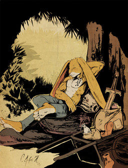 4_toes 5_fingers anthro bag barefoot biped boots bottomwear clothed clothing detailed_background eyes_closed feet fingers footwear fur hand_behind_head long_ears male melee_weapon orange_body orange_fur pants relaxing shoes sitting solo sword toes toony topless weapon wheelbarrow white_body white_fur negy lagomorph leporid mammal rabbit 2009 detailed hi_res