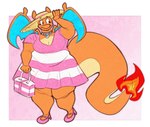 anthro basket blue_wings breasts cleavage clothed clothing collar container dress female footwear front_view fully_clothed hand_on_hat hat headgear headwear high_heels holding_basket holding_container holding_object orange_body orange_skin overweight overweight_anthro overweight_female pattern_clothing pink_background pink_clothing pink_dress pink_footwear pink_shoes shoes simple_background solo striped_clothing stripes sun_hat sundress tail thick_tail walking wide_hips wings aimbot-jones mythology nintendo pokemon valentina_(aimbot-jones) charizard dragon generation_1_pokemon mythological_creature mythological_scalie pokemon_(species) scalie 2022