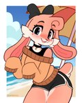 anthro beach blush blush_lines bottomwear choker clothed clothing cloud dolphin_shorts eyebrows eyelashes female fur heterochromia jewelry looking_at_viewer necklace off_shoulder open_mouth open_smile pink_body pink_fur scut_tail short_tail shorts sky smile smiling_at_viewer solo sweater tail topwear water jayrnski cinnabunn_(bunsawce) domestic_rabbit lagomorph leporid lop_rabbit mammal oryctolagus rabbit 2024 hi_res