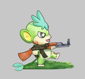 ak-47 ak_platform ambiguous_gender assault_rifle blood blood_on_face blue_eyes bodily_fluids chibi feral from_side fur grass green_body green_fur grey_background gun holding_assault_rifle holding_gun holding_object holding_ranged_weapon holding_rifle holding_weapon open_mouth plant ranged_weapon rifle side_view simple_background solo tail weapon jooyink palworld pocketpair haplorhine mammal monkey pal_(species) primate tanzee