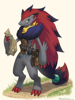 adventurer anthro badge bag belt belt_buckle black_body black_fur buckle claws clothing digitigrade fluffy fur gem grass green_eyes hair holding_object male map outside pearl_(gem) plant pouch_(clothing) red_claws red_hair satchel scarf simple_background smile solo standing topwear vest munrudoodles nintendo pokemon pokemon_mystery_dungeon spike_chunsoft canid generation_5_pokemon mammal pokemon_(species) zoroark 2026 3:4 colored digital_drawing_(artwork) digital_media_(artwork) hi_res