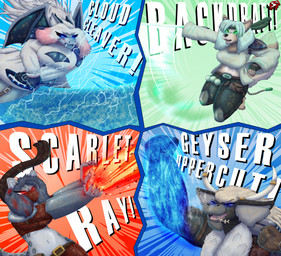 accessory ahoge anthro armor back_wings bangs battle beard belt belt_buckle belt_pouch black_body black_fur black_nose blonde_hair blood blood_stain blue_background blue_body blue_scales bodily_fluids bottomwear breasts buckle chain chest_tuft clothing coat colored_blood colored_nails countershade_face countershade_torso countershading dialogue ear_piercing ear_ring electricity electricity_manipulation elemental_manipulation emerald_(gem) eye_markings eye_scar facial_hair facial_scar fangs fantasy female fight fingerless_gloves fluffy fluffy_chest fluffy_tail freckles fur furgonomics gauntlets gem gloves glowing glowing_eyes greatsword green_background green_body green_bottomwear green_clothing green_coat green_eyes green_fur green_hair green_pants green_topwear grey_body grey_fur hair handwear headband highlights_(coloring) holding_melee_weapon holding_object holding_sword holding_weapon horn horn_accessory hornband inner_ear_fluff insignia knee_pads laser long_hair magic_user magnetism male markings mask mature_male melee_weapon motion_lines muscular muscular_female muscular_male nails navel neck_tuft object_in_mouth pants piercing punch red_background red_bottomwear red_clothing red_eyes red_hair red_pants red_shirt red_topwear ring ring_piercing sabertooth_(anatomy) scales scar scarf shirt short_hair shoulder_pads simple_background spikes spikes_(anatomy) spots spotted_markings swinging_weapon sword tail tan_body tan_fur teamwork teeth text topwear tuft unusual_blood unusual_bodily_fluids uppercut water_manipulation weapon wearing_mask wheat wheat_in_mouth white_clothing white_coat white_hair white_topwear wind wind_magic wings yellow_blood stylish_apollo heart_of_the_lands mythology ithaca_juneia roseland_mingwei xander_dorwin zenchi_hasagami bovid bovine canid canine canis clouded_leopard coyote dragon felid mammal mythological_creature mythological_scalie pantherine scalie true_buffalo water_buffalo comic hi_res story story_in_description