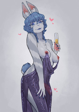 anthro areola biped blue_eyes blue_hair blue_lips blue_nails breasts clothed clothing colored_nails erection genitals grey_body gynomorph hair half-erect hand_on_leg heart_symbol hearts_around_head holding_object humanoid_genitalia humanoid_penis ineffective_clothing intersex linked_nipples linked_piercing lips nails nipple_piercing nipples penis piercing simple_background skimpy solo standing tail translucent translucent_clothing white_background starlyve nipple_piercing_dress chappell_roan lagomorph leporid mammal rabbit absurd_res hi_res
