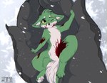 absurd_res blood bodily_fluids canid canine digital_media_(artwork) ears_back feral fluffy fox fur green_body green_fur hi_res lying male mammal on_back on_paw one_eye_closed pivoted_ears shyryp size_difference snow solo taail tears white_body white_fur
