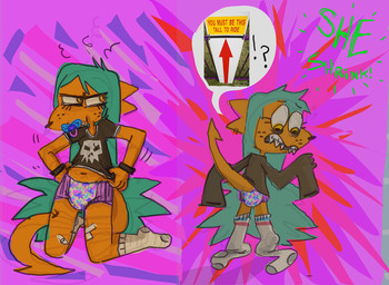abstract_background age_regression ageplay angry anthro band-aid bandage blue_hair bone bracelet braces chart clothed clothing diaper embarrassed exclamation_point eyelashes female footwear freckles fur hair height_chart height_reduction height_sign infantilism jewelry legwear must_be_this_tall object_in_mouth orange_body orange_fur oversized_clothing pacifier pacifier_in_mouth pull-ups_(diaper) pulling_shirt question_mark roleplay sharp_teeth shirt shrinking size_transformation skull socks teeth text topwear transformation wearing_diaper yellow_eyes cate_wurtz lamezone lenore_(lamezone) mammal unknown_species 2018 english_text