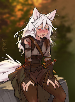 blood blush bodily_fluids breath clothed clothed_female clothing ear_piercing ear_ring female hair melee_weapon open_mouth panting piercing red_eyes ring_piercing solo sword tail weapon white_hair white_tail dragonfu shinyuu_(character) animal_humanoid canid canid_humanoid canine canine_humanoid humanoid mammal mammal_humanoid wolf_humanoid digital_media_(artwork) hi_res