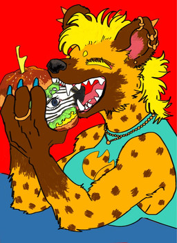 alternative_fashion anthro big_breasts blonde_hair blue_clothing blue_eyes breasts brown_body brown_fur burger cheese claws cleavage clothed clothing colored_nails dairy_products ear_piercing ear_ring eating eating_food eyes_closed facial_piercing fangs female fingers food fur hair holding_food holding_object industrial_piercing jewelry mane markings mohawk nails necklace orange_body orange_fur piercing plant red_background ring ring_piercing severed_body_part severed_head sharp_teeth shirt simple_background smile solo spots spotted_body spotted_fur striped_body striped_fur stripes tank_top teeth tongue topwear torn_clothing tuft vegetable yellow_body yellow_fur kyokyota equid equine felid hyena mammal spotted_hyena zebra 2021 digital_media_(artwork)