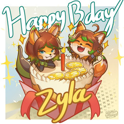 anthro birthday birthday_cake black_latex blue_eyes bodysuit brown_hair cake candle chibi clothed clothed_anthro clothed_female clothing dessert duo female fluffy fluffy_tail food fur green_highlights green_latex hair happy highlights_(coloring) latex latex_bodysuit latex_clothing latex_skinsuit looking_at_viewer multicolored_bodysuit multicolored_clothing multicolored_hair multicolored_skinsuit orange_body orange_fur skinsuit tail tan_body tan_fur text tight_clothing two_tone_bodysuit two_tone_clothing two_tone_hair two_tone_skinsuit yumibaker stormwave_(character) zyla_garthori_(zylo_garoh) canid canine fox mammal 1:1 2026 english_text hi_res