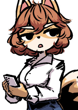 anthro brown_hair claws dipstick_ears ear_markings electronics eyebrows female fluffy fluffy_tail hair holding_object holding_phone looking_aside medium_hair multicolored_ears neck_tuft office_clothing phone solo tail tuft white_eyebrows unknown_artist bully_fox canid canine fox mammal