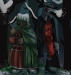 animal_mask beak_mask cloak clothing duo forest gun mask plague_doctor plant ranged_weapon rifle snow tree weapon winter foolgirl made_grizzly gestal ozwald bear human mammal