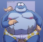 anthro belly big_belly blue_body bulge clothing duo eyes_closed eyewear glasses male moobs navel nipples overweight overweight_male solo_focus underwear smut_leo the_human_heart_(game) dylan_ramos eulipotyphlan mammal mole_(animal) 2023