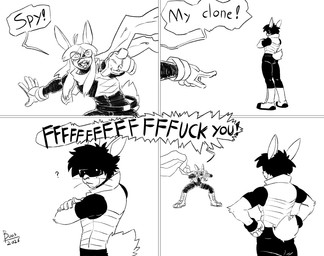 ambiguous_gender anthro boots clone clothing dialogue duo eyewear footwear gloves goggles handwear profanity scarf shoes speech_bubble superhero superhero_costume supervillain text boo3 spex_(boo3) spy_(boo3) lagomorph leporid mammal rabbit comic english_text monochrome nonbinary_(lore)