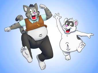 3_toes 4_fingers 5_fingers 5_toes anthro deep_navel duo facial_markings feet fingers fur head_markings male male/male markings mask_(marking) navel navel_outline open_mouth overweight simple_background striped_body striped_fur striped_markings stripes tail toes tongue furshinku domino_(furshinku) peter_(furshinku) caviid domestic_cat felid feline felis guinea_pig mammal rodent 2023 digital_media_(artwork)