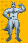 5_fingers 5_toes abs anthro armpit_tuft claws feet fingers flexing flexing_bicep foreskin genitals hand_on_hip humanoid_feet humanoid_genitalia humanoid_hands humanoid_penis looking_at_viewer male male/male muscular navel nipples penis plantigrade pubes smile smiling_at_viewer solo tail tattoo toes piskodrochkin canid canine canis mammal wolf absurd_res hi_res