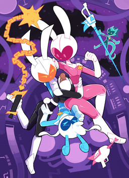 anthro anthro_on_anthro armor big_breasts breast_play breasts butt clothed clothing erection eyes_closed female genitals group group_sex headgear helmet huge_breasts male male/female penis ranged_weapon raygun sex spacecraft spacesuit threesome titfuck vehicle weapon miscon kuro_(miscon) midori_(miscon) pinku_(miscon) raito_buru_(miscon) bovid caprine goat lagomorph leporid mammal rabbit 2025 absurd_res hi_res