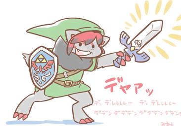 ambiguous_gender anthro claws clothed clothing cosplay fur grey_body grey_fur hair happy looking_at_viewer melee_weapon open_mouth red_claws shield simple_background solo standing sword text weapon 773mimisuke nintendo pokemon the_legend_of_zelda link canid canine generation_5_pokemon mammal pokemon_(species) zoroark 2019 digital_media_(artwork) japanese_text translation_request