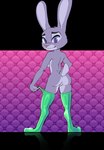 anthro breasts butt clothing eyebrows female fur genitals grey_body grey_fur latex latex_clothing latex_legwear latex_stockings legwear long_ears looking_at_viewer looking_back looking_back_at_viewer purple_eyes pussy scut_tail short_tail side_boob solo standing stockings tail blazera disney zootopia judy_hopps lagomorph leporid mammal rabbit 2023 hi_res