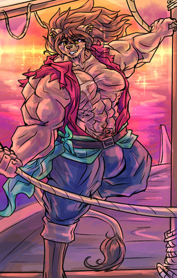 abs anthro belt black_belt blue_bottomwear blue_clothing blue_pants bottomwear brown_body brown_fur brown_hair bulge chest_scar clothed clothing ear_piercing ear_ring fur hair male muscular muscular_anthro muscular_arms muscular_male open_clothing open_shirt open_topwear pants pecs piercing pirate pose ring_piercing rope scar shirt sleeveless_shirt solo topwear torn_sleeves mrease si_land king_zahab_(si_land) felid lion mammal pantherine hi_res pinup