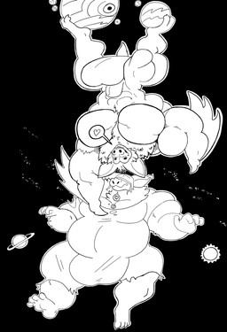 4_fingers 4_toes anthro balls belly big_balls big_belly big_bulge big_muscles big_penis bulge clothed clothing duo feet fingers foot_on_planet genitals huge_balls huge_belly huge_bulge huge_muscles huge_penis hyper hyper_balls hyper_bulge hyper_genitalia hyper_muscles hyper_penis looking_at_another macro male muscular nude penis plantigrade ringed_planet smile sun toes torn_clothing winged_arms wings mercurialentropy bat mammal 2025 hi_res monochrome