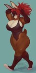 1:2 anthro big_breasts breasts brown_body brown_fur cleavage clothed clothing crazybear female front_view fur grin hair hi_res huge_breasts lagomorph leporid mammal muscular muscular_anthro muscular_female one-piece_swimsuit rabbit red_hair simple_background smile solo standing swimwear teeth thick_thighs wide_hips