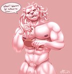 abs anthro balls biceps big_muscles big_pecs brush brushing brushing_hair fingers flaccid frown fur genitals hair hairbrush holding_brush holding_hairbrush holding_object humanoid_genitalia humanoid_penis long_hair looking_away male messy_hair muscular muscular_anthro muscular_male muscular_thighs nipples nude pecs penis personal_grooming scowl simple_background solo standing styling_hair teeth teeth_showing text tuft vein veiny_penis shon_arts felid lion mammal pantherine 2023 artist_name colored digital_drawing_(artwork) digital_media_(artwork) english_text hi_res shaded signature