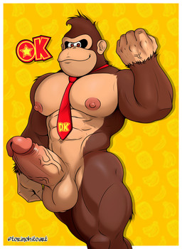5_fingers abs anthro balls barazoku biceps big_balls big_chest big_muscles big_penis biped bipedal_feral bodily_fluids brown_body brown_fur clothed clothing erection feral fingers fist fur genitals huge_penis humanoid_genitalia humanoid_penis male muscular muscular_anthro muscular_arms muscular_male necktie nipples nude nude_anthro nude_male pecs penis raised_fist raised_hand red_clothing red_eyes red_necktie simple_background smile solo text thick_arms thick_thighs wide_hips yellow_background torinohito donkey_kong_(series) donkey_kong_bananza nintendo donkey_kong_(character) ape gorilla haplorhine kong mammal primate absurd_res hi_res