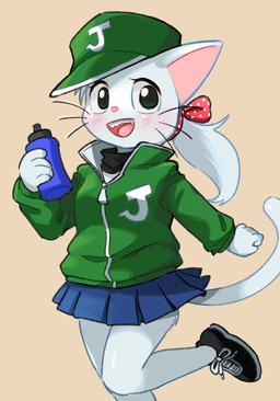 accessory anthro baseball_cap black_eyes bottle bottomwear clothing container female footwear fur hair hair_accessory hair_ribbon hat headgear headwear holding_bottle holding_container holding_object jacket kemono on_one_leg open_mouth open_smile pink_nose ponytail ribbons shoes skirt smile solo standing topwear water_bottle whiskers white_body white_fur white_hair chaora wan!_(manga) domestic_cat felid feline felis mammal hi_res