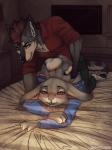 anthro ass_up bed clothed clothed_sex clothing duo female female_penetrated furniture inside interspecies male male/female male_penetrating male_penetrating_female penetration sex smile bishkah291ax48 disney zootopia judy_hopps canid canine lagomorph leporid mammal rabbit 3:4 digital_media_(artwork) shaded