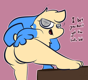 3_toes anthro blind butt dialogue disability feet female genitals grey_eyes innie_vulva looking_at_viewer open_mouth pink_background presenting simple_background smile solo taunting text toes vulva thefablednekos instant_loss_2koma nintendo pokemon kelly_(thefablednekos) generation_3_pokemon minun pokemon_(species) 2017 digital_media_(artwork) english_text hi_res