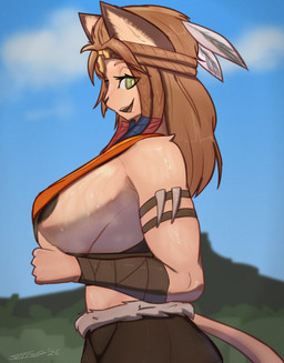 anthro areola big_breasts bodily_fluids breasts clothed clothing female flashing flashing_breasts fur green_eyes hair looking_at_viewer open_mouth side_boob side_view solo sweat sprrigs- final_fantasy final_fantasy_xiv square_enix wuk_lamat felid hrothgar mammal absurd_res digital_media_(artwork) hi_res