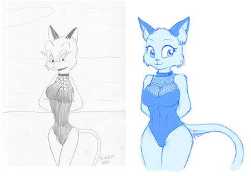 anthro art_comparison breasts clothing collar comparison female form_fitting fur inner_ear_fluff looking_at_viewer one-piece_swimsuit smile solo swimwear tail text tuft version_comparison loki_(artist) third-party_edit domestic_cat felid feline felis mammal 2010 english_text hi_res sketch