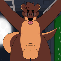 alley animal_genitalia anthro balls big_tail brown_body brown_fur ear_piercing ear_ring eyewear fur genitals glasses looking_at_viewer male night outside piercing ring_piercing sheath solo tail tongue tongue_out wearing_glasses doug_polaris remy_el mammal mustelid otter 1:1 hi_res